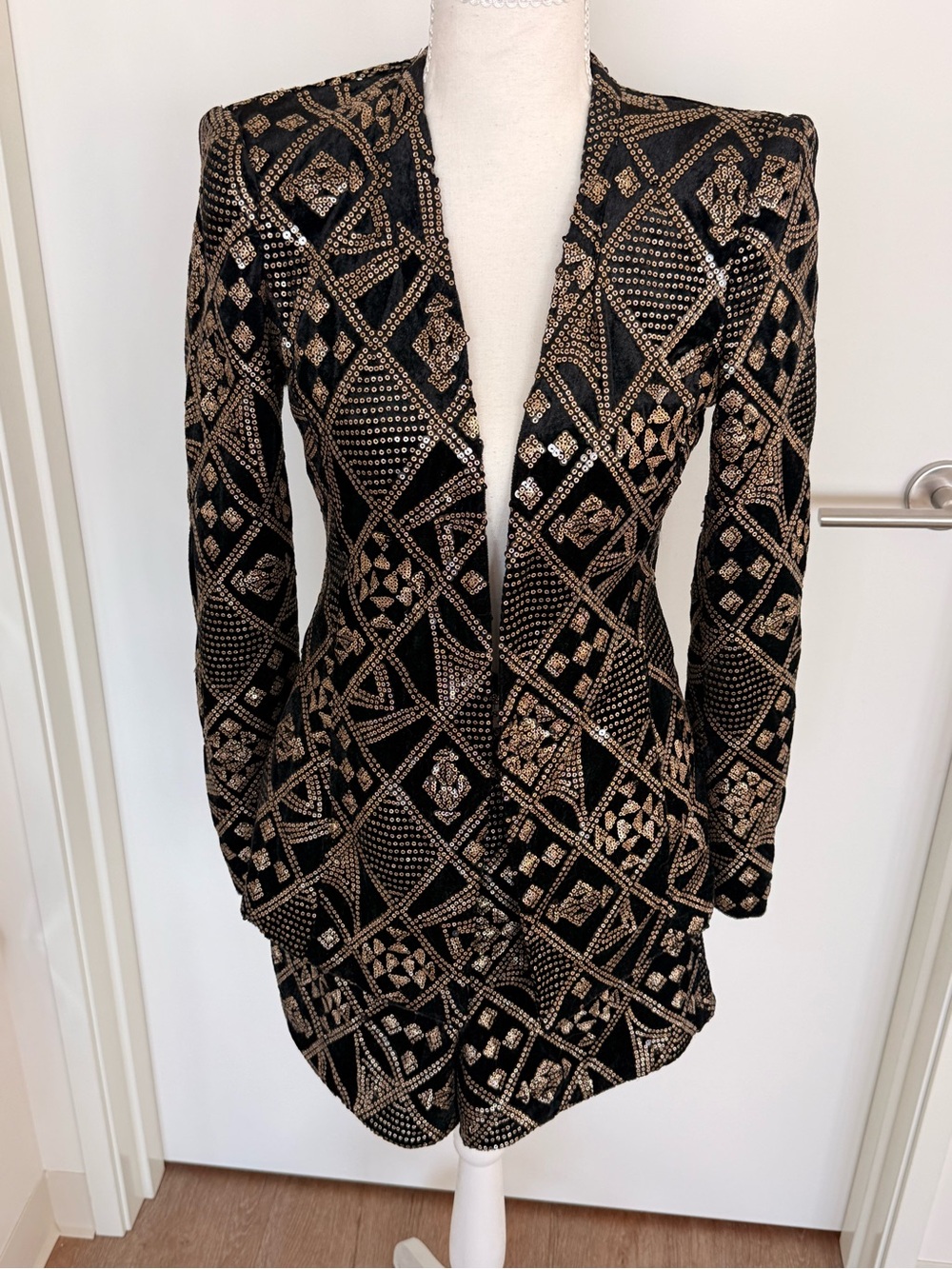 Black Sequin Geometric Longline Blazer Jacket and Shorts set